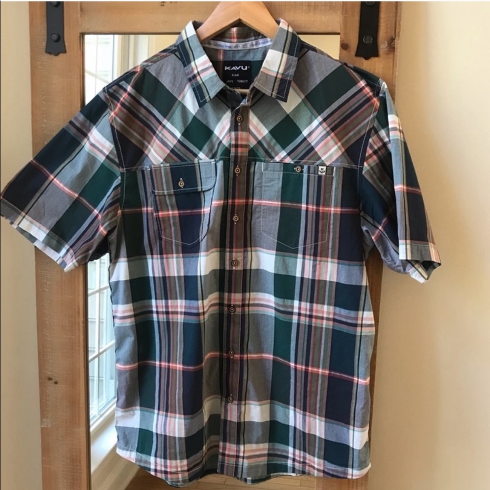 Kavu Teal Plaid Short Sleeve Hiking Shirt Size L